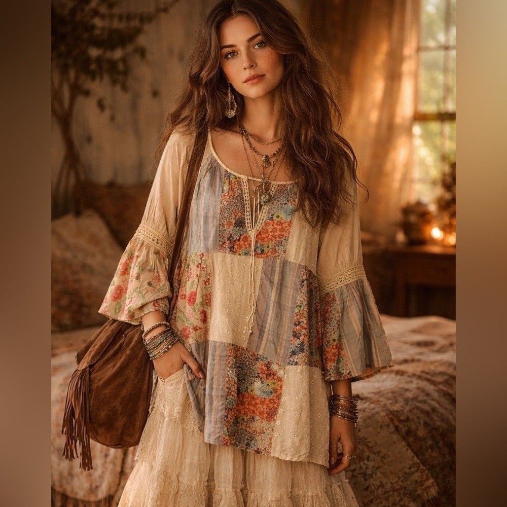 🔥SOLD🔥Young Threads Boho Patchwork Floral Peasant Top